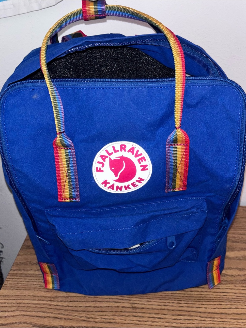 Fjallraven Kanken Royal Blue Backpack with Rainbow Straps